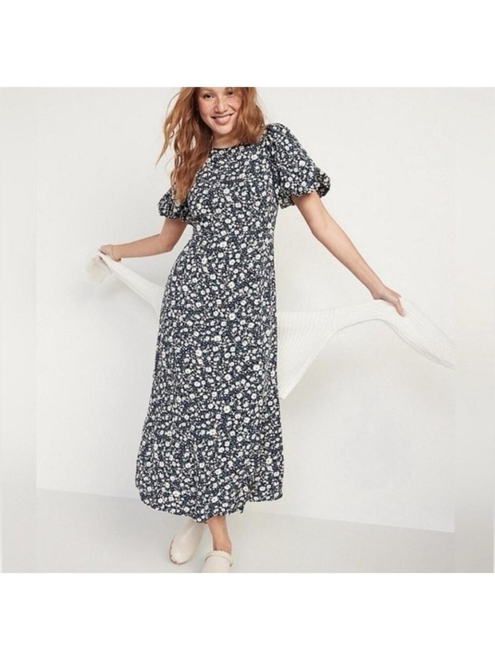 NWT Old Navy Floral Puff Sleeve Midi Shift Dress Ditsy Boho Smocked Women’s XL